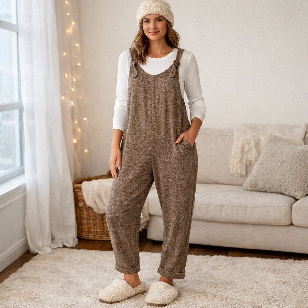 SHEIN Ribbed Knit V-Neck Tie Strap Jumpsuit Brown Size S